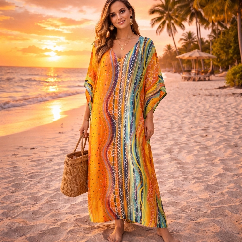 Kaftan Dress Cover Up Swim Maxi Wavy Sunshine 2X Plus Size NEW 🌈 LAST 1 🌞 - Picture 3 of 13